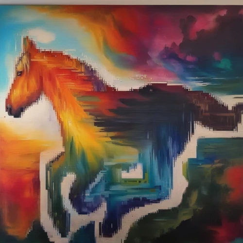 colorful horse,painted horse,unicorn art,fire horse,equine,unicorn background,a horse,horse,carnival horse,glass painting,laughing horse,acrylic paint,pegasus,rainbow unicorn,unicorn,mustang horse,horses,wild horse,oil painting on canvas,oil on canvas,Illustration,Paper based,Paper Based 04