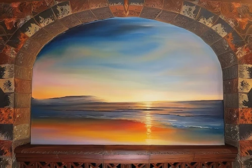 sea landscape,seascape,window with sea view,oil painting on canvas,beach landscape,coastal landscape,coast sunset,oil painting,glass painting,art painting,oil on canvas,landscape with sea,sunset beach,porthole,decorative frame,watercolour frame,panoramic landscape,painting technique,round window,window to the world,Illustration,Paper based,Paper Based 04