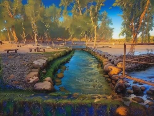 river landscape,flowing creek,a river,oasis,fantasy landscape,virtual landscape,brook landscape,jordan river,small landscape,mountain spring,flowing water,low water crossing,salt meadow landscape,desert landscape,watering hole,underwater oasis,a small waterfall,water flowing,idyllic,water scape,Illustration,Paper based,Paper Based 04