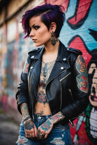 tattoo girl,punk,rockabilly style,punk design,greta oto,tattoos,leather jacket,rockabilly,toni,tattooed,grunge,tattoo expo,lis,with tattoo,catrina,denim jacket,goth woman,jean jacket,denim background,bolero jacket,Illustration,American Style,American Style 10