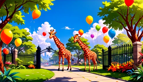 cartoon forest,hot-air-balloon-valley-sky,cartoon video game background,colorful balloons,animal balloons,animal lane,hot air balloons,children's background,giraffes,whimsical animals,corner balloons,mushroom landscape,the disneyland resort,disneyland park,baloons,balloon trip,bird kingdom,walt disney world,balloons,world digital painting,Illustration,Retro,Retro 12