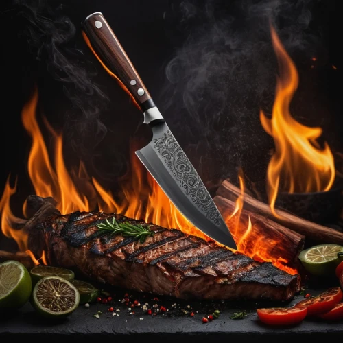 knife kitchen,churrasco food,steak grilled,cuttingboard,cooking book cover,tomahawk steak,flamed grill,kitchen knife,barbacoa,grilled food,beef waygu steaks,filipino barbecue,men chef,beef grilled,barbeque,kitchenknife,chef,grilled,sharp knife,carne asada,Photography,General,Fantasy