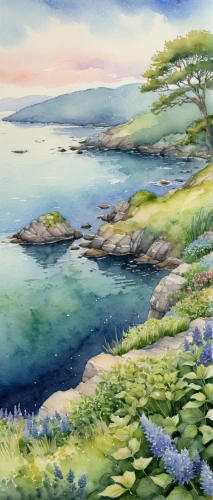 coastal landscape,watercolor background,an island far away landscape,sea landscape,beach landscape,landscape with sea,landscape background,river landscape,peninsula,coastline,brook landscape,archipelago,small landscape,landscape,seaside view,panoramic landscape,pebble beach,the coast,watercolor,watercolor blue,Illustration,Paper based,Paper Based 15