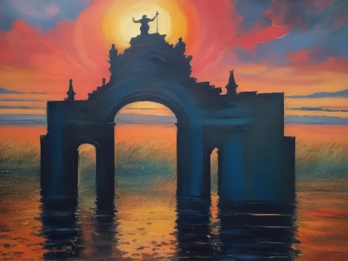 triumphal arch,el arco,archway,portal,victory gate,city gate,constantine arch,church painting,arco,oil painting on canvas,art painting,gateway,half arch,karnataka,sea shore temple,artemis temple,round arch,bridge arch,pillar of fire,oil painting,Illustration,Paper based,Paper Based 04