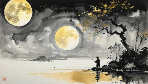 moonlit night,mid-autumn festival,chinese art,moonlit,hanging moon,night scene,lunar landscape,full moon,moon night,japanese art,full moon day,moons,moonrise,moonlight,moon phase,the moon,moon,moon at night,luo han guo,big moon,Art,Artistic Painting,Artistic Painting 24