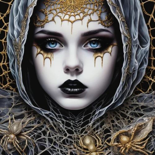 the enchantress,filigree,gothic portrait,the snow queen,priestess,fantasy art,sorceress,gold filigree,gothic woman,fantasy portrait,gold foil art,faery,dryad,gothic fashion,queen of the night,seven sorrows,gothic,medusa,gothic style,mystical portrait of a girl,Illustration,Realistic Fantasy,Realistic Fantasy 46