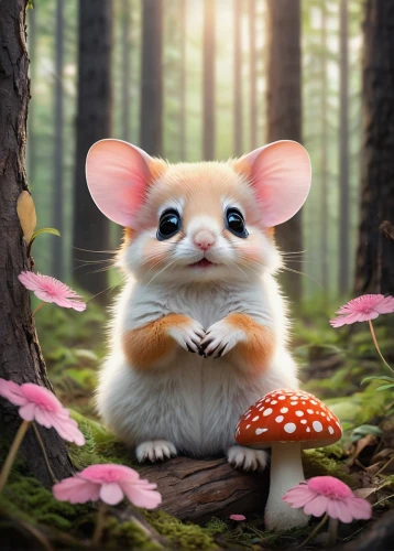 dormouse,forest animal,field mouse,wood mouse,cute animal,meadow jumping mouse,mouse lemur,cute cartoon character,grasshopper mouse,whimsical animals,white footed mouse,mouse bacon,forest background,cute animals,mouse,mice,woodland animals,blossom kitten,animals play dress-up,musical rodent,Art,Artistic Painting,Artistic Painting 43