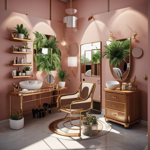 beauty room,gold-pink earthy colors,beauty salon,salon,cabana,cosmetics counter,laundry room,interior design,kitchenette,luxury bathroom,house plants,interiors,tile kitchen,the little girl's room,danish room,natural pink,danish furniture,vintage kitchen,interior decoration,shabby-chic,Photography,General,Realistic
