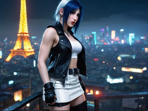 gentiana,french digital background,cosplay image,femme fatale,eiffel,french valentine,paris,anime japanese clothing,paris balcony,latex clothing,hinata,cosplay,midnight blue,croft,cityscape,city ​​portrait,background images,eiffel tower,tiber riven,gothic fashion,Art,Artistic Painting,Artistic Painting 27