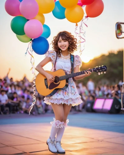 japanese idol,little girl with balloons,concert guitar,rainbow color balloons,solo entertainer,guitar,doll's festival,kawaii girl,music festival,japanese kawaii,doll dress,heart balloons,miku maekawa,tokyo disneyland,playing the guitar,pile,balloons,live concert,country dress,melody,Illustration,Retro,Retro 11