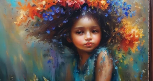 girl in flowers,girl in a wreath,oil painting on canvas,flower painting,oil painting,mystical portrait of a girl,girl picking flowers,art painting,girl portrait,little girl in wind,boho art,child portrait,portrait of a girl,oil on canvas,oil paint,girl in the garden,girl with tree,flower art,italian painter,beautiful girl with flowers,Illustration,Paper based,Paper Based 04