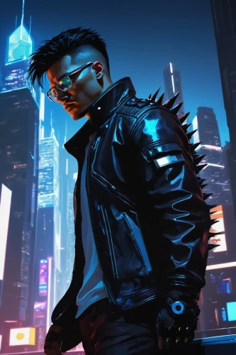 cyberpunk,blade,terminator,sci fiction illustration,cyber glasses,renegade,cg artwork,jacket,vector illustration,cyber,futuristic,abel,pompadour,electro,vector art,game illustration,enforcer,hk,mohawk,world digital painting,Illustration,Paper based,Paper Based 07