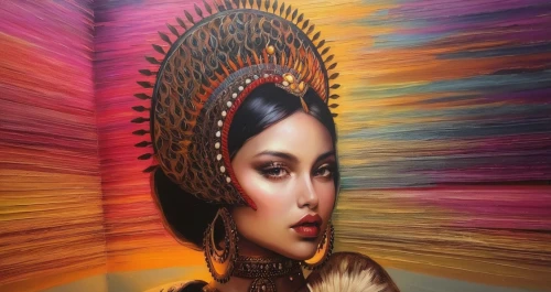 indian art,indian woman,peruvian women,indigenous painting,indian headdress,oil painting on canvas,meticulous painting,african woman,east indian,american indian,headdress,indian girl,mural,wall painting,native american,african art,indian bride,polynesian girl,the american indian,african american woman,Illustration,Paper based,Paper Based 04