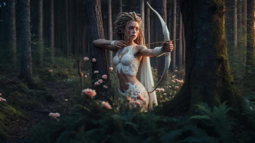 ballerina in the woods,fae,faerie,faery,dryad,fantasy picture,bow and arrows,photo manipulation,the enchantress,rusalka,wood elf,photomanipulation,fantasy portrait,elven,faun,photoshop manipulation,fairy forest,conceptual photography,fairy tale character,fairy