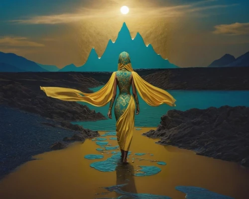 solar plexus chakra,the spirit of the mountains,water lotus,yogananda,photomanipulation,fantasy picture,mother earth statue,sacred lotus,world digital painting,astral traveler,mantra om,sun god,spirituality,golden sun,mountain spirit,photo manipulation,yellow jumpsuit,somtum,laser buddha mountain,yellow mountains