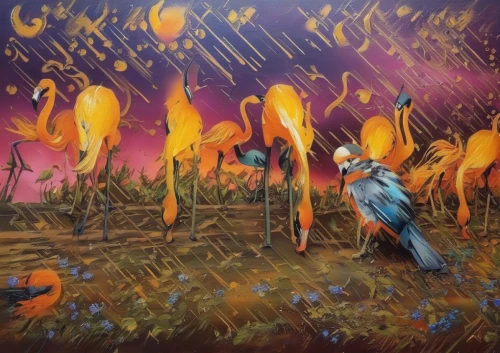 fire birds,fire artist,fireflies,bird painting,hummingbirds,fireworks art,glass painting,finch in liquid amber,burned land,khokhloma painting,rain of fire,dancing flames,mushroom landscape,campfire,indigenous painting,migration,humming birds,blue birds and blossom,bird migration,oil painting on canvas,Illustration,Paper based,Paper Based 04