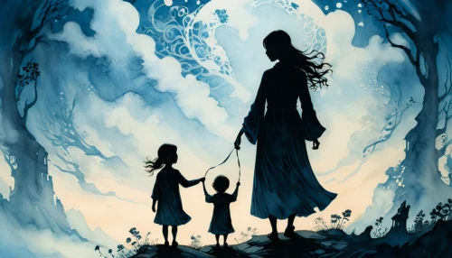 studio ghibli,children's fairy tale,alice in wonderland,little girl and mother,father and daughter,little boy and girl,alice,fairy tale,silhouette art,arrival,the little girl,mermaid silhouette,couple silhouette,silhouettes,underworld,scythe,dream world,walk with the children,silhouette,magical adventure,Art,Artistic Painting,Artistic Painting 48
