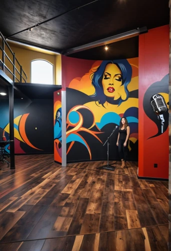 fitness room,creative office,recreation room,taproom,fitness center,wall painting,wall paint,music venue,game room,wall completion,mural,hallway space,wall art,little man cave,sound space,painted wall,loft,conference room,painted block wall,meeting room,Photography,General,Realistic