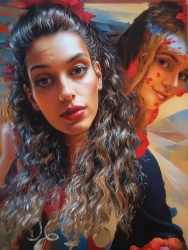 oil painting on canvas,oil painting,oil on canvas,italian painter,art painting,mystical portrait of a girl,girl portrait,romantic portrait,oil paint,two girls,portrait of a girl,young women,photo painting,painting technique,young woman,dancers,the girl's face,fantasy portrait,meticulous painting,painting,Illustration,Paper based,Paper Based 04
