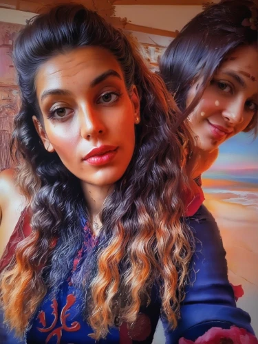 moroccan,vintage girls,two girls,gypsy hair,indian girl,pretty women,bollywood,east indian,beautiful photo girls,duo,persian,photo painting,singer and actress,radha,red and blue,indian,on a red background,doll looking in mirror,indian woman,photo effect,Illustration,Paper based,Paper Based 04