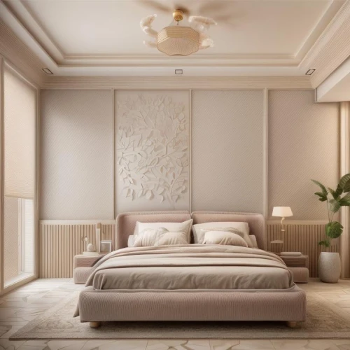 wall plaster,stucco ceiling,bedroom,interior decoration,stucco wall,guest room,modern decor,contemporary decor,modern room,sleeping room,interior design,3d rendering,soft furniture,great room,ornate room,neutral color,interior decor,gold stucco frame,search interior solutions,room divider