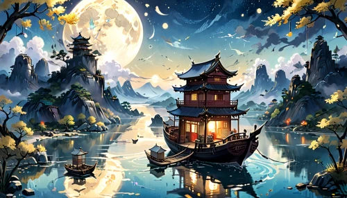 mid-autumn festival,fantasy picture,fantasy landscape,moonlit night,lanterns,lantern,night scene,fairy lanterns,japanese lantern,fantasy art,illuminated lantern,fairy village,magical adventure,wishing well,dream world,moonlit,landscape background,fantasy city,fantasy world,hanging moon,Anime,Anime,Traditional