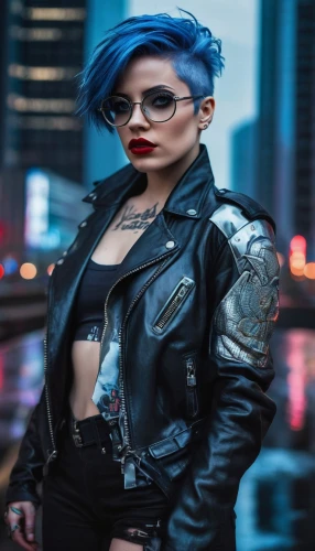 cyberpunk,blue hair,punk,streampunk,toni,harley,harley quinn,femme fatale,goth woman,winterblueher,punk design,mohawk,blue jay,rockabella,cyber glasses,futuristic,grunge,leather,bluejay,renegade,Photography,Fashion Photography,Fashion Photography 01