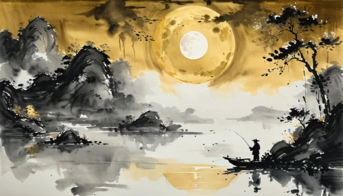 black landscape,zao,forest landscape,ink painting,autumn landscape,lunar landscape,swampy landscape,river landscape,abstract watercolor,abstract painting,khokhloma painting,yellow sky,gold paint strokes,small landscape,high landscape,landscape,yellow mountains,fall landscape,ebony trees and persimmons,mid-autumn festival,Art,Artistic Painting,Artistic Painting 24