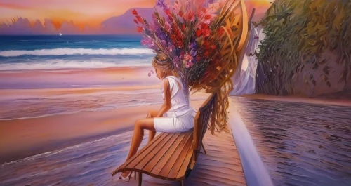 girl on the dune,sea breeze,oil painting on canvas,oil painting,art painting,boho art,beach moonflower,beach landscape,girl with tree,photo painting,girl in a long,sea-shore,the wind from the sea,girl in a wreath,girl in flowers,fantasy art,beach background,by the sea,fantasy picture,the beach-grass elke,Illustration,Paper based,Paper Based 04