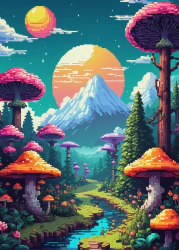 mushroom landscape,mushroom island,futuristic landscape,pixel art,mountain world,alien world,fantasy landscape,fairy world,alien planet,retro background,landscape background,cartoon video game background,an island far away landscape,lunar landscape,cartoon forest,mushrooms,nature landscape,mountain landscape,oasis,fairy village,Conceptual Art,Sci-Fi,Sci-Fi 05