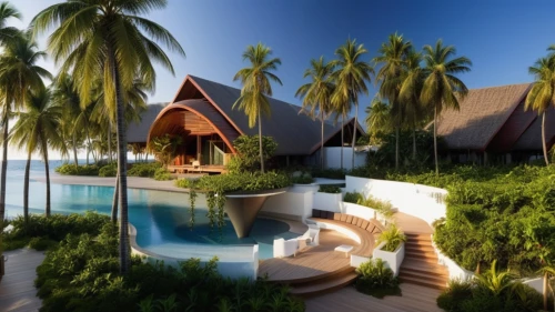 holiday villa,tropical house,3d rendering,beach resort,resort,over water bungalows,eco hotel,maldives mvr,coconut palms,tropical island,moorea,luxury property,cube stilt houses,maldives,coconut trees,luxury hotel,palm field,floating huts,maldive islands,render,Photography,General,Realistic