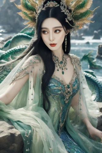 oriental princess,the sea maid,fantasy picture,fairy queen,fantasy portrait,chinese art,fantasy art,the enchantress,celtic queen,mermaid background,faerie,rusalka,faery,mermaid,fairy tale character,oriental painting,fantasy woman,oriental girl,emerald sea,asian costume,Photography,Cinematic