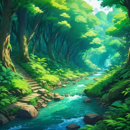 forest landscape,forest background,green forest,river landscape,fantasy landscape,landscape background,forests,forest,forest path,a river,green landscape,studio ghibli,elven forest,forest glade,the forests,nature landscape,green wallpaper,streams,fairy forest,flowing creek,Illustration,Japanese style,Japanese Style 03