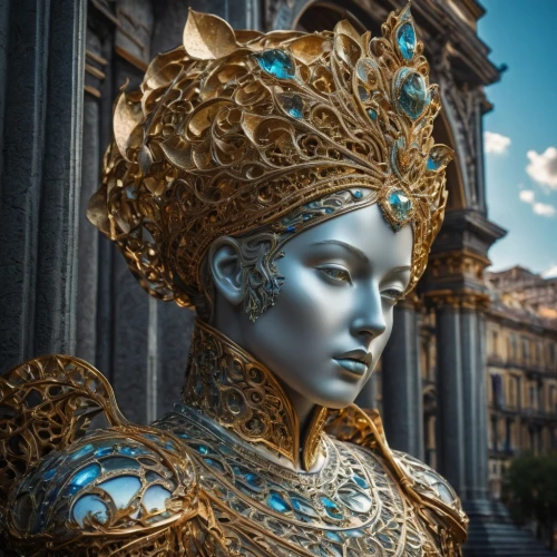 the carnival of venice,venetian mask,decorative figure,headpiece,golden crown,imperial crown,blue enchantress,athena,fantasy art,gold crown,venetia,golden mask,diadem,golden wreath,cleopatra,gold mask,fantasy portrait,artemisia,medusa,antiquity,Photography,General,Fantasy