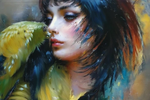 oil painting,oil painting on canvas,mystical portrait of a girl,fantasy portrait,girl portrait,vietnamese woman,art painting,girl in the garden,italian painter,oil paint,fantasy art,bird painting,young woman,oil on canvas,portrait of a girl,woman portrait,fineart,painter,cleopatra,painting technique,Illustration,Paper based,Paper Based 04