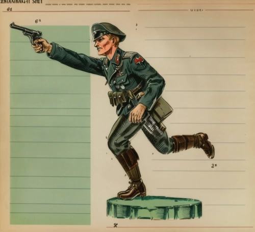 man holding gun and light,policeman,advertising figure,military person,deutsche bundespost,submachine gun,grenadier,vintage illustration,red army rifleman,rifleman,1943,military officer,holding a gun,infantry,game illustration,jägermeister,ww1,gdr,jägertstand,schutzhund,Unique,Design,Character Design