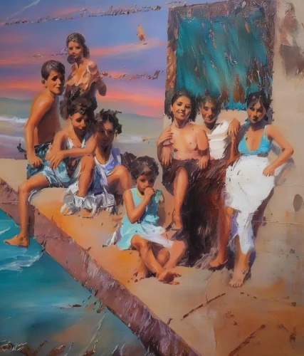oil painting,people on beach,lido di ostia,oil painting on canvas,italian painter,children studying,sicily,beach goers,children girls,parents with children,children,acqua pazza,swimming people,cala gonone,the people in the sea,young swimmers,calabria,photo painting,children drawing,liguria,Illustration,Paper based,Paper Based 04