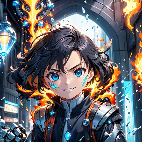 cg artwork,fire background,game illustration,anime cartoon,edit icon,sci fiction illustration,anime boy,growth icon,leo,cyber,power icon,lance,kai,cybernetics,portrait background,omega,hero academy,my hero academia,sanya,spark,Anime,Anime,Realistic