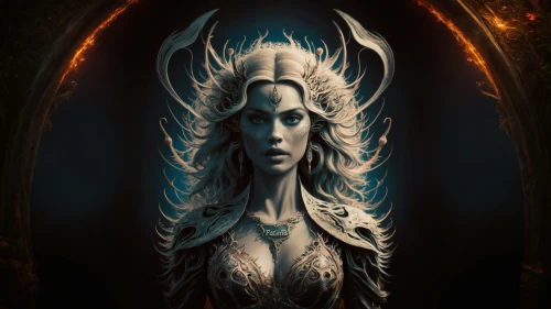 priestess,sorceress,mirror of souls,the enchantress,fantasy portrait,dark elf,ice queen,shiva,queen cage,dryad,elven,siren,fantasy art,horn of amaltheia,dark art,medusa,rusalka,maiden,garuda,wraith