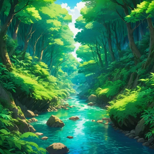 forest landscape,forest background,green forest,river landscape,forest,fantasy landscape,landscape background,forests,a river,forest glade,emerald sea,fairy forest,forest of dreams,clear stream,green landscape,nature landscape,the forest,the forests,green valley,underwater oasis,Illustration,Japanese style,Japanese Style 03