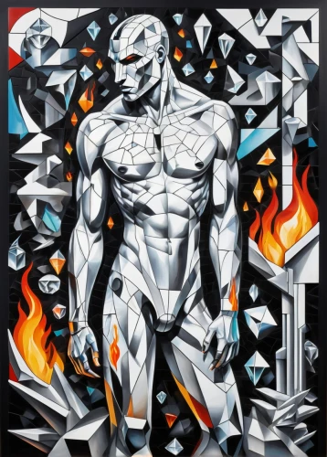 silver surfer,steel man,cyborg,david bates,vulcan,human torch,primitive man,triton,silver,aluminum,poseidon,dr. manhattan,apollo,the white torch,roy lichtenstein,eros,grey fox,ironman,minotaur,aporia,Art,Artistic Painting,Artistic Painting 45