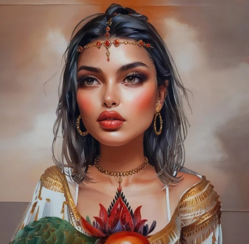 fantasy portrait,polynesian girl,world digital painting,fantasy art,digital painting,moana,mulan,fantasy woman,tiger lily,polynesian,native american,oil painting on canvas,jaya,east indian,fantasy picture,oriental princess,indian woman,boho art,cleopatra,digital art,Illustration,Paper based,Paper Based 04