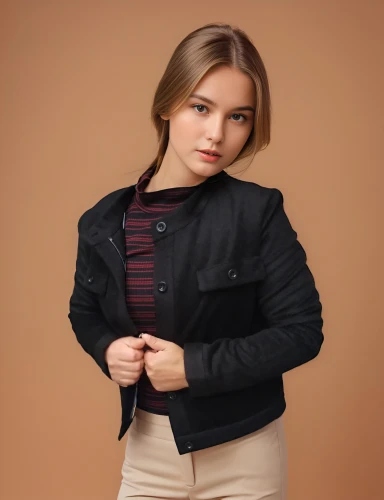 bolero jacket,menswear for women,jacket,blazer,women's clothing,leather jacket,brown fabric,social,pantsuit,women clothes,portrait background,polo shirt,leather,young model,women fashion,clover jackets,female model,woman in menswear,ladies clothes,modeling,Female,Eastern Europeans,Straight hair,Youth adult,M,Confidence,Dress Pants,Pure Color,Morandi Red