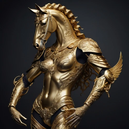 golden unicorn,bronze horseman,equestrian helmet,centaur,constellation unicorn,breastplate,gold paint stroke,armored animal,cuirass,alien warrior,constellation centaur,female warrior,sagittarius,golden dragon,equestrian,alpha horse,knight armor,sculpt,mergus,gold foil mermaid,Photography,Fashion Photography,Fashion Photography 26