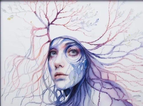 watercolor tree,girl with tree,watercolor pencils,color pencil,ballpoint pen,painted tree,colored pencil,mystical portrait of a girl,watercolor painting,watercolor frame,the branches of the tree,color pencils,dryad,lilac branches,watercolour frame,the branches,la violetta,watercolor blue,colored pencils,ballpoint,Illustration,Paper based,Paper Based 20