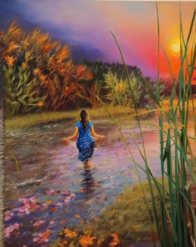 oil painting on canvas,girl picking flowers,meadow in pastel,oil painting,girl on the river,art painting,pond flower,freshwater marsh,flower painting,wetlands,wetland,landscape background,river of life project,glass painting,meadow landscape,little girl in wind,rural landscape,photo painting,salt meadow landscape,oil on canvas,Illustration,Paper based,Paper Based 04