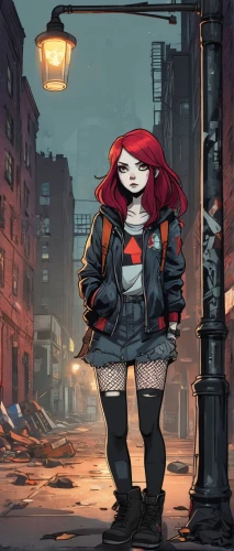 red hood,cyberpunk,a pedestrian,dusk background,pedestrian,society finch,alleyway,girl walking away,post apocalyptic,jacket,city pigeon,street pigeon,alley,rockabella,punk,fashionable girl,urban,transistor,game illustration,red-haired,Illustration,Black and White,Black and White 05
