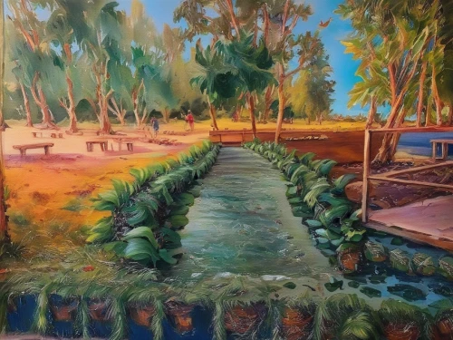 vegetables landscape,vegetable garden,brook landscape,kitchen garden,farm landscape,agricultural,oil on canvas,oil painting on canvas,khokhloma painting,vegetable field,fruit fields,irrigation,oasis,oil painting,gardens,rural landscape,river of life project,huacachina oasis,village scene,plantation,Illustration,Paper based,Paper Based 04