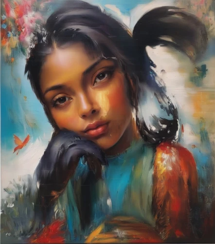 girl portrait,mystical portrait of a girl,portrait of a girl,girl with cloth,young woman,girl in a wreath,girl in flowers,oil painting on canvas,oil painting,native american,girl in cloth,polynesian girl,oil on canvas,indigenous painting,child portrait,american indian,peruvian women,vietnamese woman,girl with bread-and-butter,asian woman,Illustration,Paper based,Paper Based 04