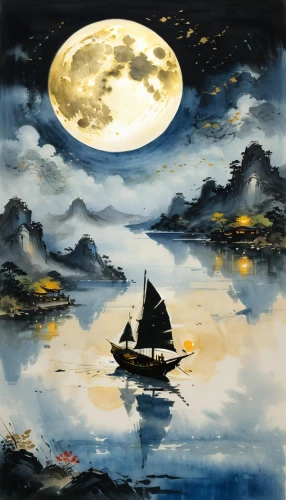 khokhloma painting,sea landscape,boat landscape,moonlit night,oriental painting,moonlit,mid-autumn festival,herfstanemoon,sea sailing ship,chinese art,moon in the clouds,luo han guo,night scene,moonlight,xing yi quan,lunar,lunar landscape,landscape with sea,rou jia mo,sailing ship,Illustration,Japanese style,Japanese Style 21